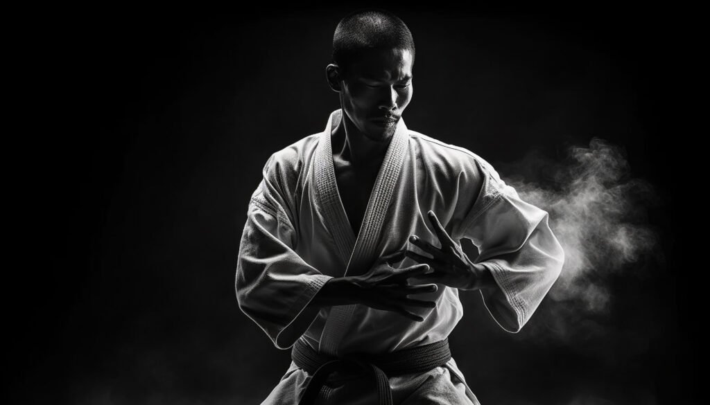 Atleta de cinturón negro practicando jiu jitsu con determinación para también utilizar el boxeo como herramienta de defensa personal